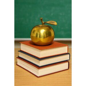 Vintage Solid Brass Apple Bell Teacher’s Desk Paperweight Classroom Decor